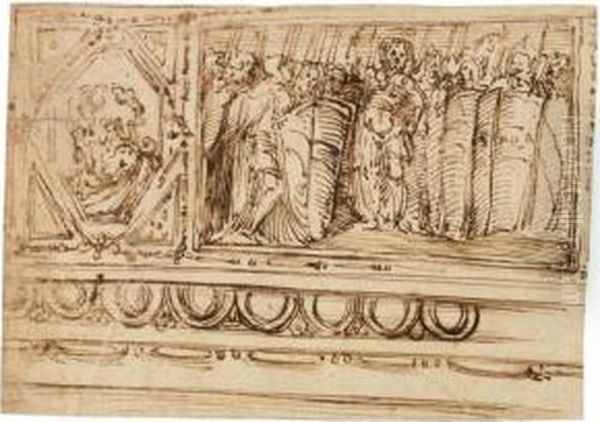 Foglio Raffigurante Fregio Con Guerrieri Romani E Ritratto Di Imperatore Oil Painting by Perino Del Vaga (Pietro Bonaccors