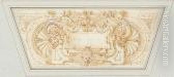 Design For An Elaborate Ceiling Cartouche Oil Painting by Perino Del Vaga (Pietro Bonaccors