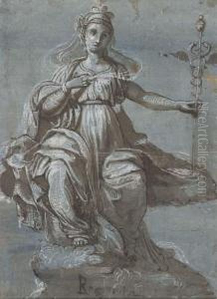 An Allegory Of Rhetoric Holding A Caduceus Oil Painting by Perino Del Vaga (Pietro Bonaccors