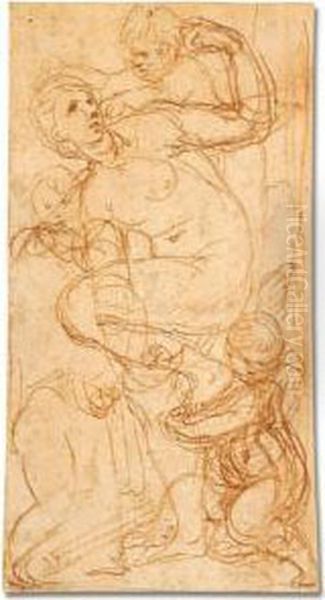 Venus And Cupid With Putti Oil Painting by Perino Del Vaga (Pietro Bonaccors