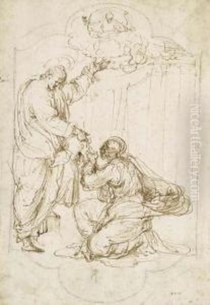 Christ Handing The Keys To Saint Peter, God The Father Above:design For An Embroidery Oil Painting by Perino Del Vaga (Pietro Bonaccors