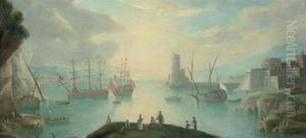 An Italianate Coastal Landscape 
With Figures In The Foreground, Shipping And A Town Beyond Oil Painting by Carlo Bonavia