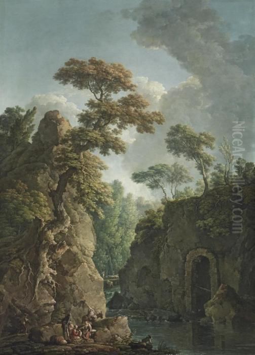 A Mountainous River Landscape 
With Drovers Resting By The Bank, A Shepherd With A Flock Of Sheep 
Beyond Oil Painting by Carlo Bonavia