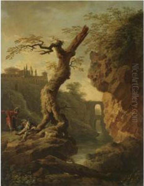 A Ravine Landscape With Soldiers
 In The Foreground, A Fortified Hill-top To The Left And An Aqueduct 
Beyond To The Right, Possibly A Capriccio View Of Tivoli Oil Painting by Carlo Bonavia