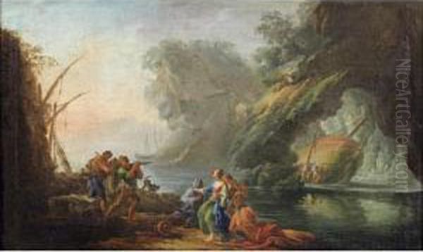 Un Paysage Mediteraneen Avec Des
 Personages En Avant Plan [circle Of Carlo Bonavia; A Mediteranean 
Lanscape With Figures In The Foreground; Oil On Canvas.] Oil Painting by Carlo Bonavia