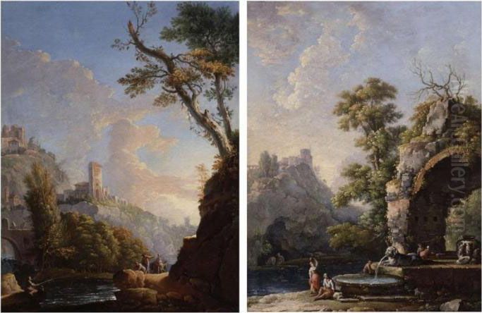 Landscape With Washerwomen By A 
Fountain And A Riverscape With Fishermen: A Pair Of Paintings Oil Painting by Carlo Bonavia