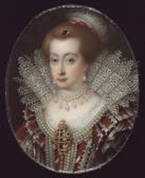 Anne Of Denmark (1574-1619), 
Queen Consort, Wearing Red-brown Dress Trimmed With White Silk And 
Pearls, Large Jewelled Brooch At Her Corsage, Pearl Necklace, Pendant 
Pearl Earrings, Standing White Lace Collar, Jewel, Cerise Ribbon And 
White Plume  Oil Painting by Henry Pierce Bone