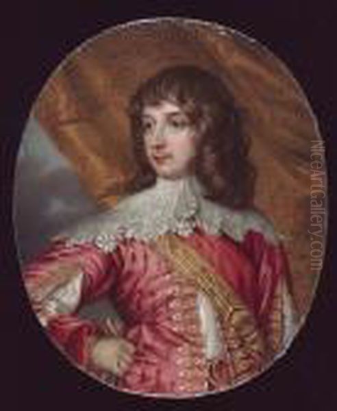 William Russell, 1st Duke And 
5th Earl Of Bedford (1613-1700), Wearing Pink Doublet Slashed To Reveal 
White, Wide White Lace Collar, Gold Sword Belt Across His Chest, 
Embroidered Curtain Background Oil Painting by Henry Pierce Bone