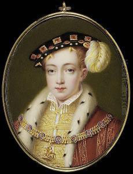Edward Vi (1537-53), Wearing 
Ermine Trimmed Gold Figured Red Robes Over Gold Figured Waistcoat And 
White Collar With Tassels, Black Hat Set With Rubies And Pearls And With
 A White Plume And Order Of The Garter Collar Oil Painting by Henry Pierce Bone