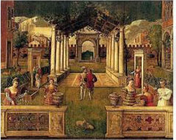An Architectural Capriccio With 
Elegant Figures And Animals Promenading In An Ornamental Garden Oil Painting by Bonifacio Veronese (Pitati)