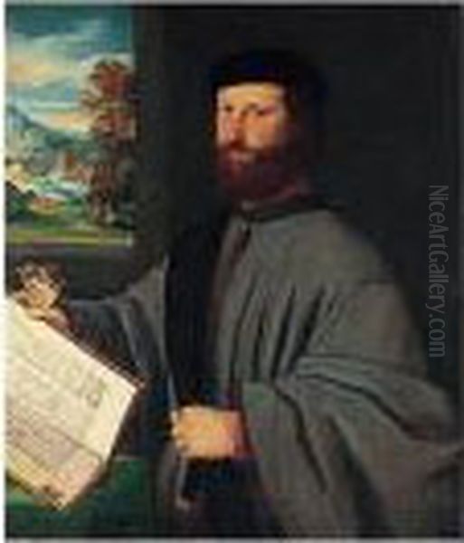 A Portrait Of A Gentleman, 
Half-length Standing, Holding A Book And Gloves In His Right Hand, A 
View Of A Landscape With A Couple Embracing Under A Tree Visible Through
 A Window Beyond Oil Painting by Bonifacio Veronese (Pitati)