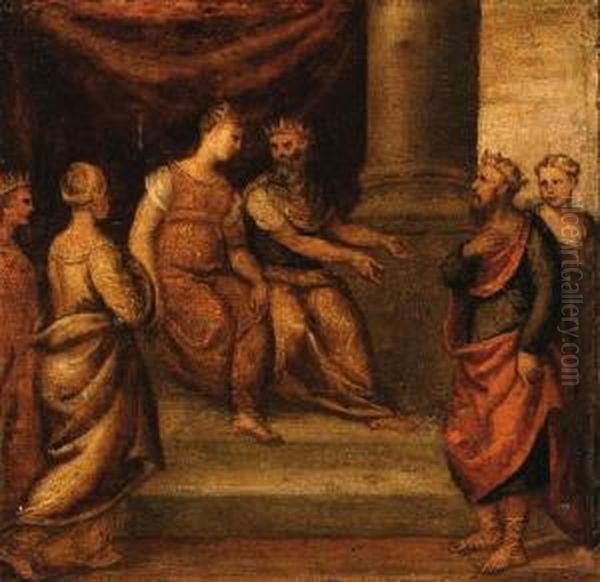 Mythological Scenes: A King 
Being Presented To A Queen; And An Oldwoman Holding A Spindle With A 
Young Woman Beside A Cave Oil Painting by Bonifacio Veronese (Pitati)