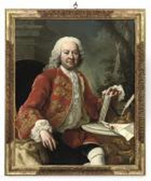 Portrait Of A Gentleman, Seated 
Three-quarter-length In Ascarlet Coat With Gold Embroidery, At A Table 
With A Letter And Aninkwell And Pen Oil Painting by Giuseppe Bonito