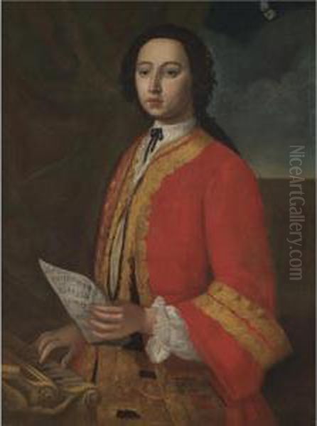 Portrait Of A Gentleman, Half 
Length, Holding A Sheet Of Music And Standing Before A Spinnet Oil Painting by Giuseppe Bonito
