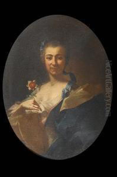 Portrait Of A Lady, Half-length,
 In A White Dress With A Blue And Gold Wrap And Blue Ribbons In Her 
Hair, Holding A Flower Oil Painting by Giuseppe Bonito