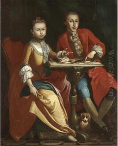 Portrait Of A Pair Of Noble 
Children, Full Length, Seated At A Table Playing Draughts, A Small Dog 
Seated Below Oil Painting by Giuseppe Bonito