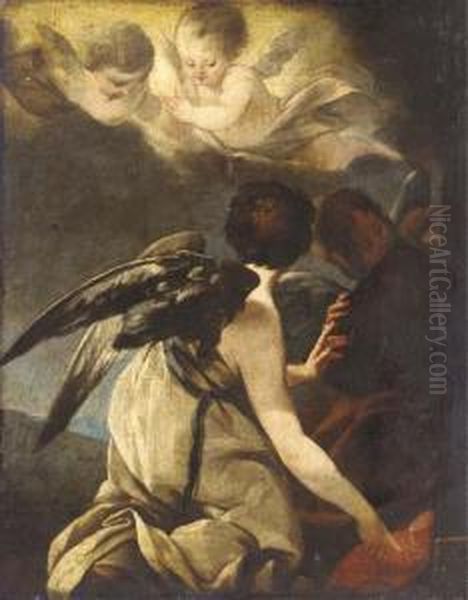 Angels Kneeling Near A Book And A
 Cardinal's Hat, Two Putti Bearing A Martyr's Palm Above: A Fragment Oil Painting by Carlo Bononi