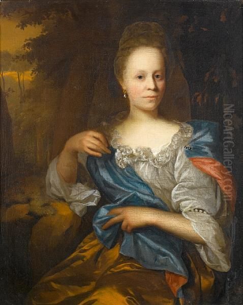 Portrait Of A Lady In A Yellow 
Dress With Awhite Chemise And A Blue Wrap, Seated Before A Landscape Oil Painting by Arnold Boonen
