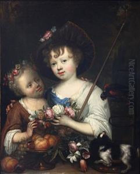 Portrait De Deux Jeunes Enfants,
 L'un Avecla Houlette Du Berger, L'autre En Flore, Pres De Leur Petit 
Chienet D'un Perroquet Oil Painting by Arnold Boonen