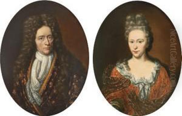 Portrait Of A Gentleman, 
Half-length, In An Embroidered Coat And A White Jabot; And Portrait Of A
 Lady, Half-length, In An Embroidered Red Dress And A Red Wrap Oil Painting by Arnold Boonen