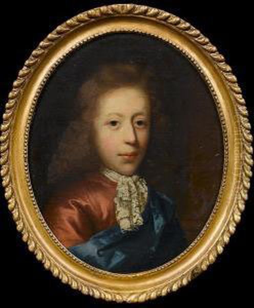 Portrait Of A Young Man, 
Bust-length, In Red Costume With A Blue Silk Wrap And A White Lace Jabot Oil Painting by Arnold Boonen