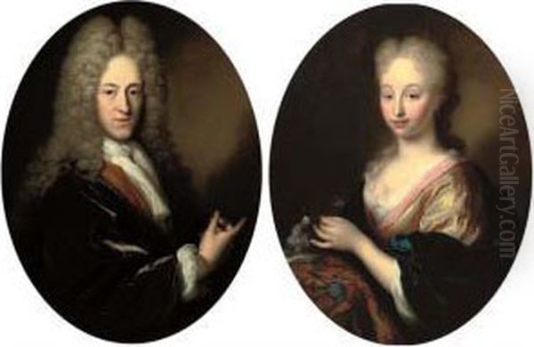 Portrait Of A Gentleman, 
Half-length, In A Gold Embroidered Waistcoat, A Purple Velvet Wrap With 
Chemise, Cravat And A Wig; Portrait Of A Lady, Half-length In A Yellow 
Silk Dress And Blue Velvet Wrap With Her Dog Oil Painting by Arnold Boonen