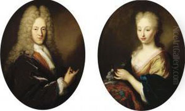 Portrait Of A Gentleman, 
Half-length, In A Gold-embroideredwaistcoat, A Purple Velvet Cloak With 
Chemise, Cravat And A Wig;and Portrait Of A Lady, Half-length, In A 
Yellow Silk Dress And Ablue Velvet Mantle, Her Pet Dog On A Draped Table
 At Her Si Oil Painting by Arnold Boonen