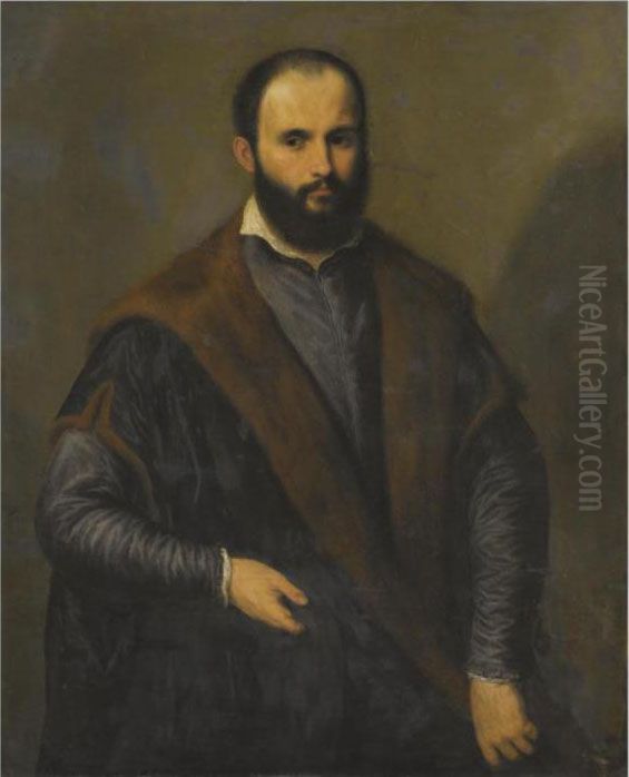 Portrait Of A Bearded Man, 
Three-quarter Length, Wearing A Blackfur-lined Coat, Holding A Cap In 
His Right Hand Oil Painting by Paris Bordone