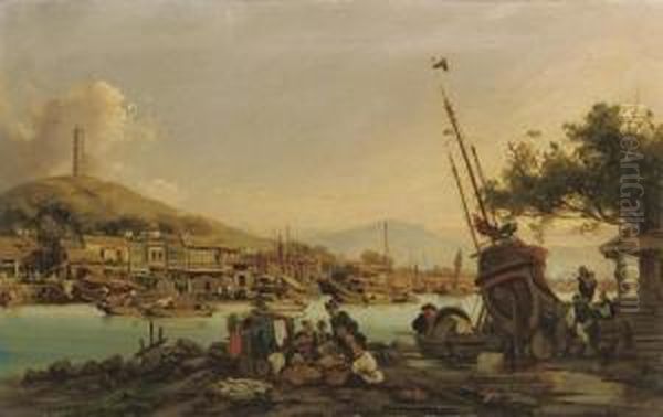 Harbour Scene In The Pearl River
 Delta With Fisherfolk In The Foreground And A Pagoda On A Hilltop 
Beyond Oil Painting by Auguste Borget