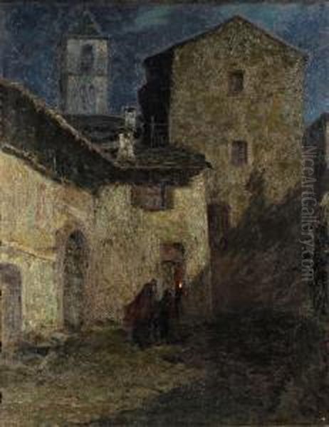 Scorcio Di Paese Con Figure Oil Painting by Emilio Borsa