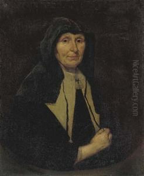 Portrait Of A Lady, 
Three-quarter-length, In A Black Head Dress And A Black Dress With A 
White Collar, In A Painted Oval Oil Painting by Pieter Borsselaer