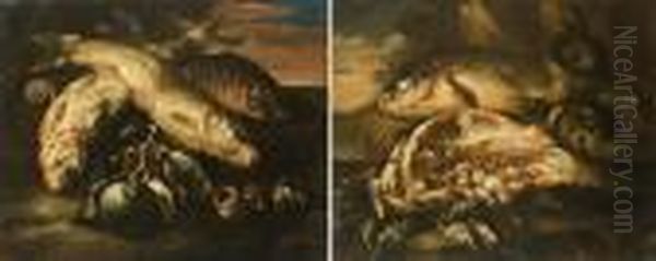 Coppia Di Nature Morte Con Pesci Ecrostacei Oil Painting by Felice Boselli