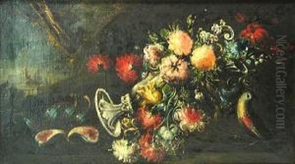 A Still Life With Flowers And A Bird Oil Painting by Felice Boselli
