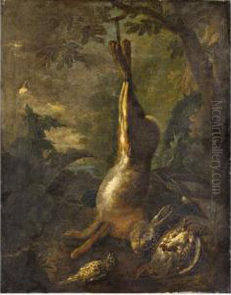 Natura Morta Di Cacciagione Con Uccelli E Lepre In Unpaesaggio Oil Painting by Felice Boselli