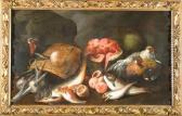Natura Morta Con Sporta, Pesci, Tacchino, Galline, Frutti Ed Ortaggi Oil Painting by Felice Boselli