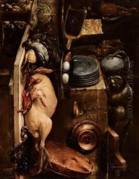 Interno Di Cucina Con Tacchinospennato, Stoviglie E Grosso Gatto Oil Painting by Felice Boselli