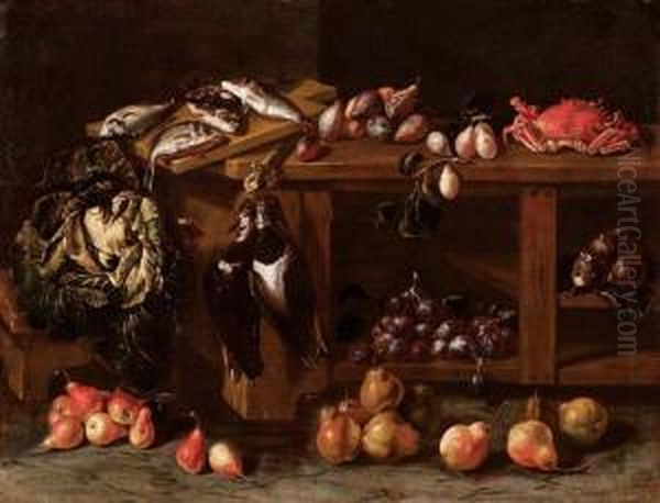 Natura Morta Di Penna, Pesci,frutta E Verdura Oil Painting by Felice Boselli