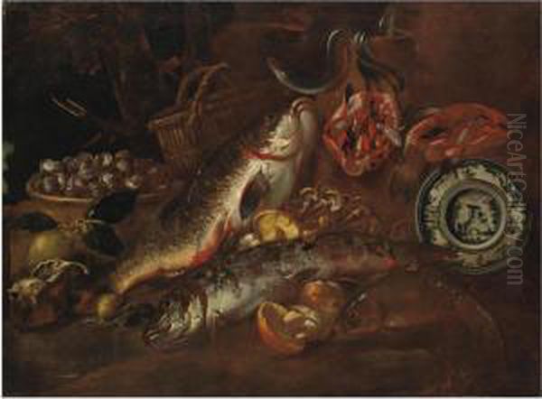 Natura Morta Di Pesci Con Funghi, Conchiglie E Un Piatto Diceramica Oil Painting by Felice Boselli