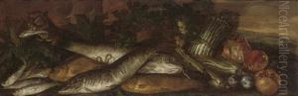 Mackererel, Asparagus, Pomegranites And A Cat In A Clearing Oil Painting by Felice Boselli