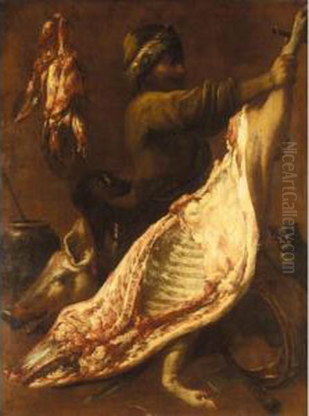 An Interior Of A Butcher's Shop 
With A Butcher Preparing A Side Of Pork, Together With A Cat And A Dog Oil Painting by Felice Boselli