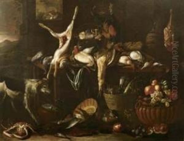 Interno Con Selvaggina, Gatto, Cane, Frutti E Verdure Oil Painting by Felice Boselli