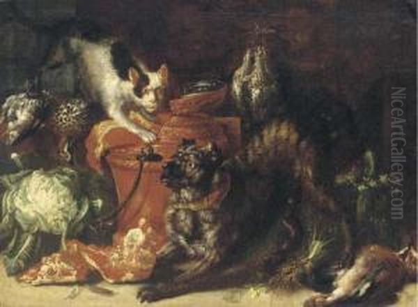 A Dog And A Cat In A Kitchen Interior With Game Andvegetables Oil Painting by Felice Boselli