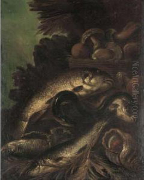 Still Life Of Fish, And Eel, And
 A Sea Shell Together With A Basket Of Mushrooms, In A Landscape Oil Painting by Felice Boselli