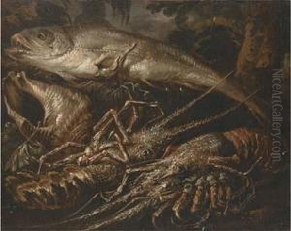 Two Lobsters, A Salmon And Shells On A Forest Floor Oil Painting by Felice Boselli