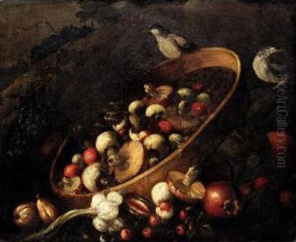 Still Life With A Basket, 
Mushrooms, Onions, Tomatoes, And Grapes Together With Other Vegetables 
And Song Birds. Oil Painting by Felice Boselli