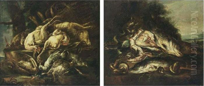 A Still Life Of Fish And 
Mushrooms In A Landscape Setting; A Still Life Of Birds And A Hare On A 
Ledge In A Landscape Setting Oil Painting by Felice Boselli