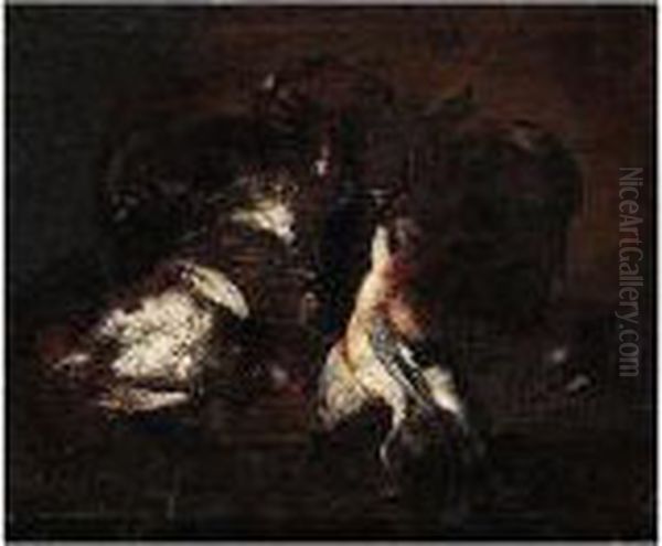 Still Life Of A Jay And A Partridge Beside A Wicker Basket, Upon A Stone Ledge Oil Painting by Felice Boselli
