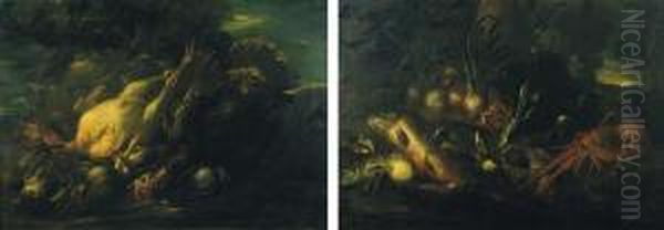 Two Turkeys And Other Dead Birds
 On A Rocky Bank; And Fish, A Seashell, A Crayfish, A Lobster And Onions
 On A Rocky Bank Oil Painting by Felice Boselli