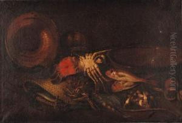 Lobsters, A Basket, An Upturned Copper Dish, Red Mullet, Aterracotta Bowl On A Ledge Oil Painting by Felice Boselli