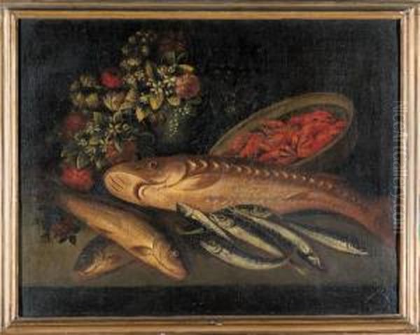 Pesci E Fiori Su Un Piano Di Pietra Con Gamberi In Una Cesta Oil Painting by Felice Boselli